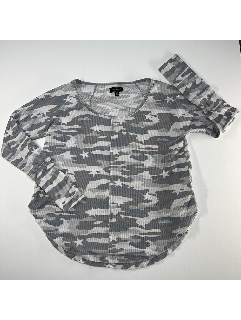 Lucky Brand Women Medium Gray Camo Long Sleeve T-Shirt Casual Gorp Lightweight